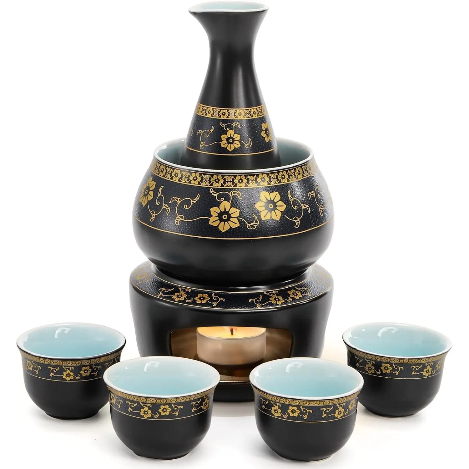 Ceramic Sake Set with Warmer Pot, Japanese Style Porcelain Pottery Hot Cold Saki Drink Bottle Stovetop Set, 7 Pieces Set with 1 Candle Stove, 1 Warming Bowl, 1 Sake Bottle, 4 Sake Cups