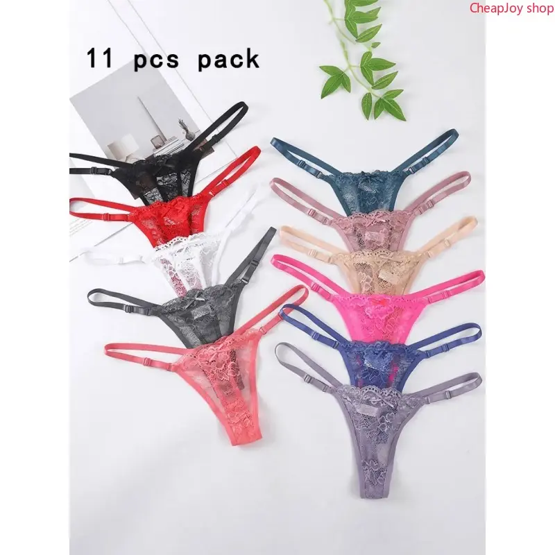 11/7/4 Pack Women's Lace Thong Panties Set, Lingerie, Soft Minimalist Panty, Adjustable Waistband Design, Plain Pattern, Multiple Colors Available, Comfortable Underwear, Women Sexy String, Feminine