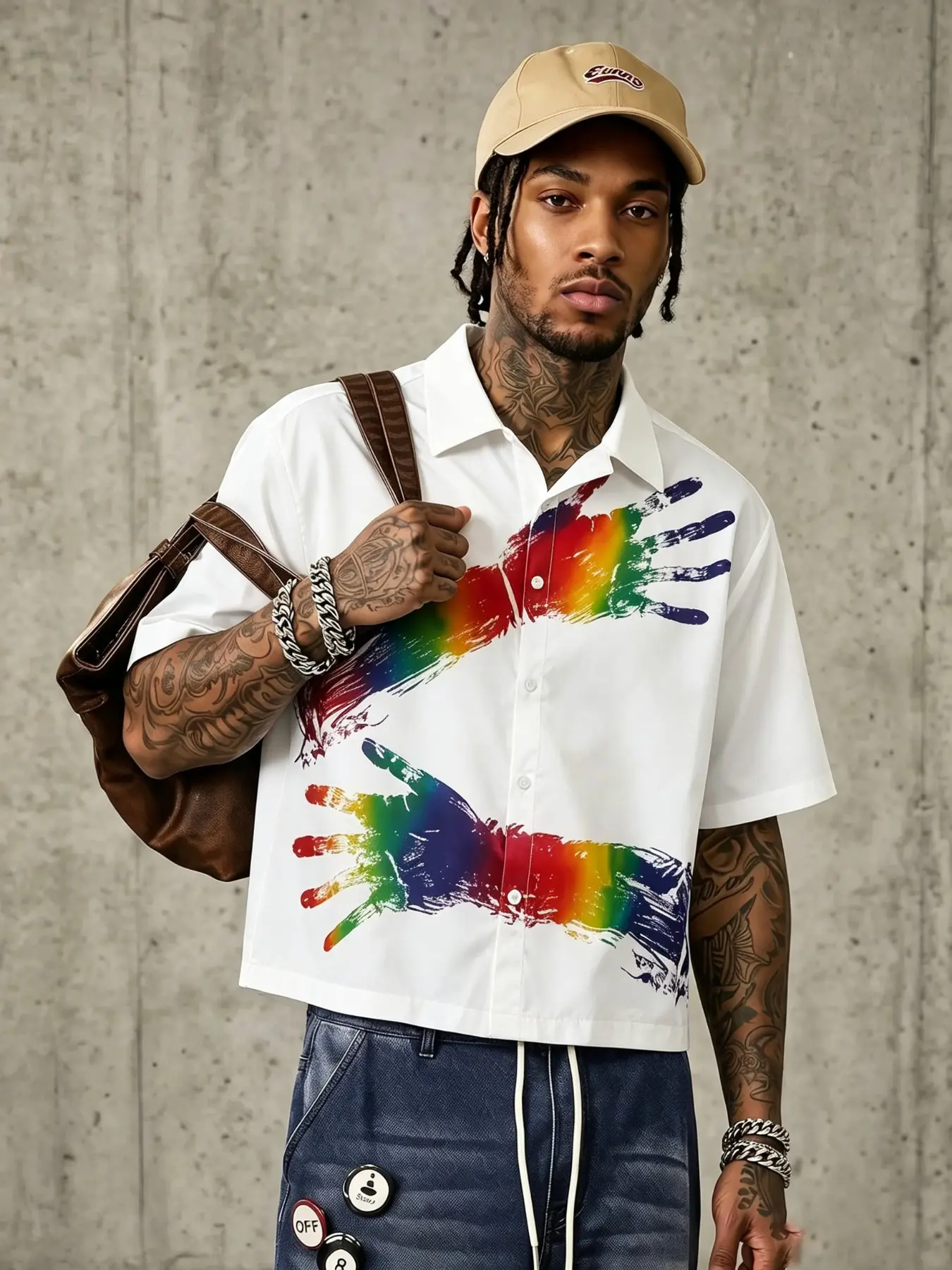 Men's White Camp Collar Short Sleeve Shirt, Casual Button-Down Blouse with Rainbow Handprint Print, Retro Y2K Streetwear Tops for Summer, Campus Looks, Casual Outings, Pride Events, Travel, Music Festivals, Casual Weekends, and Relaxed LGBTQ+ Friendly Sty