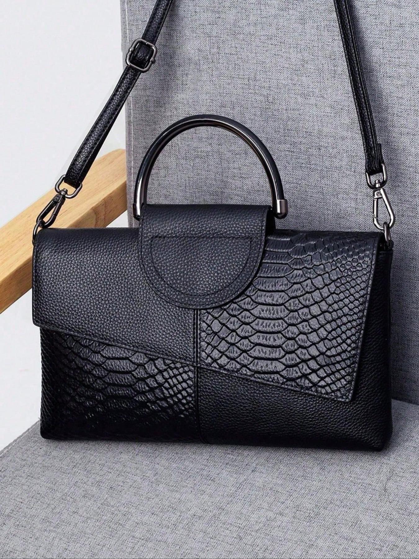 Women's Fashionable Colorblock Snakeskin Embossed Handbag, Elegant Shoulder Bag for Party, Trendy All-match Crossbody Bag for Daily Use, Flap Crossbody Purse