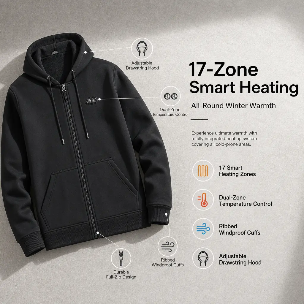 17‑Zone Heated Hoodie for Men, Electric Heating Zip Up Hooded Sweatshirt, 3 Heat Settings Fleece Lined Heated Jacket for Winter Skiing Outdoor Work, Power Bank Not Included