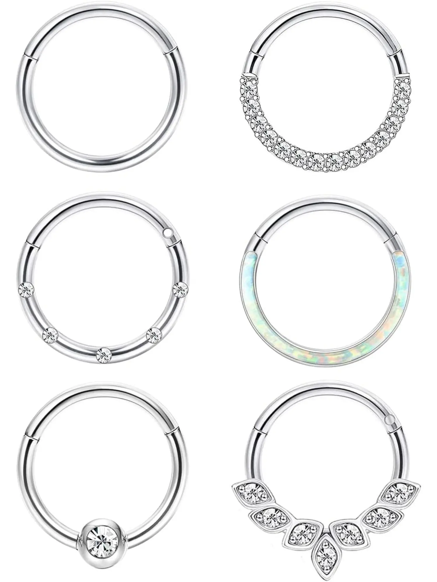 6Pcs 18G Surgical Steel Hinged Clicker Septum Nose Hoop Rings for Women, Opal Cubic Zirconia Cartilage Piercing Jewelry for Daith Lip Helix Rook Tragus, Ideal for Daily Punk Festival Party Wear