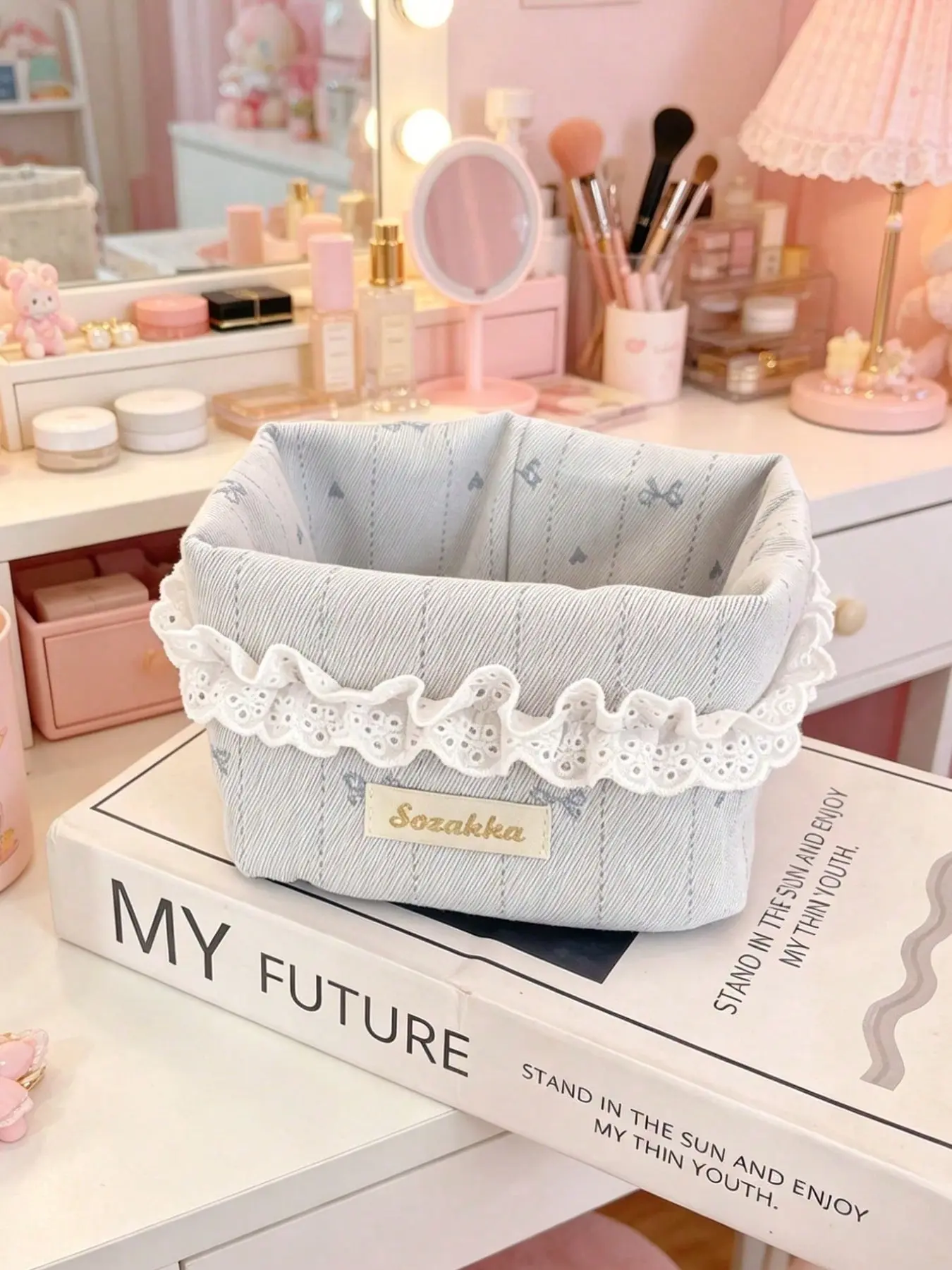 Cute Lace Heart Bow Cosmetic Storage Basket, Mini Snack Basket, Skincare Toy Organizer, Round Hollow Design, Decorative Baskets, Organizing Baskets, Organizers and Storage