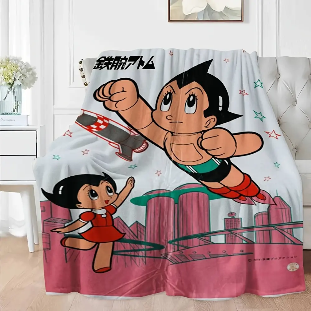 1pc Astro Boy Tetsuwan Atom Flannel Blanket Classic Anime Character Group Poster Throw Blanket Pink City Skyline Background Sofa Bed Blanket Gift For Retro Anime Fans