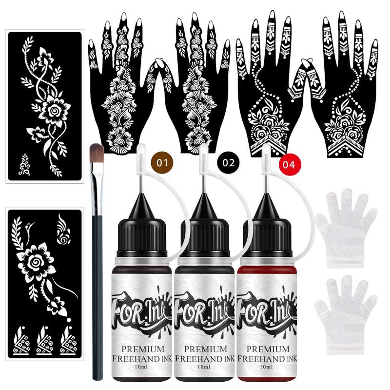 Temporary Tattoo Ink Set, 3 Bottles Hand-Drawn Tattoo Ink & 6 Hollow Template Stickers, Henna Stencil, Body Art, Party, Halloween, Graduation, Beach Vacation Temporary Tattoo Ink Set, 3 Bottles Hand-Drawn Tattoo Ink & 6 Hollow Template Stickers, Henna Stencil, Body Art, Party, Halloween, Graduation, Beach Vacation