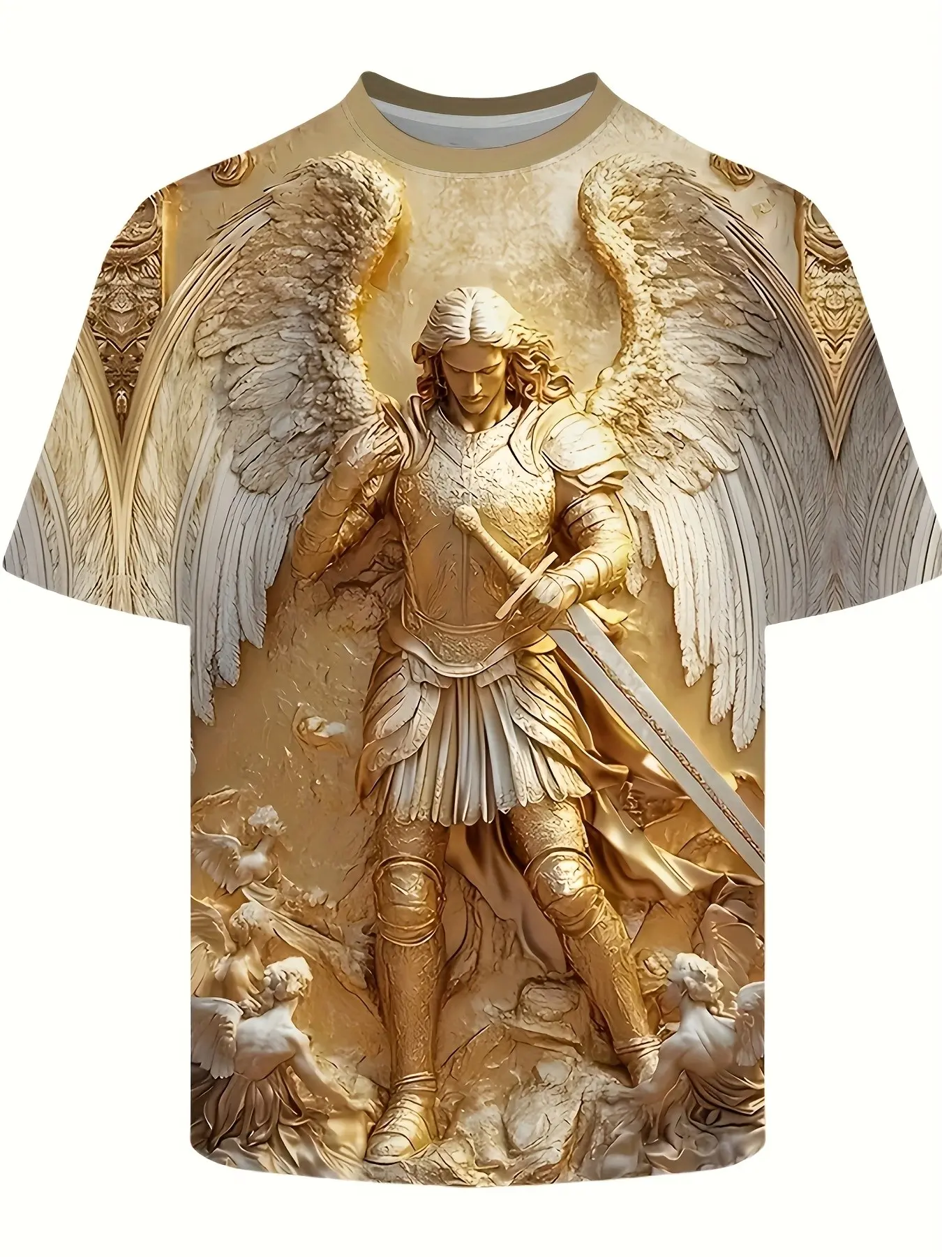 Golden Angel Pattern Men's Short Sleeve T-Shirt, Fashion Print Casual Top, Summer Trendy Clothing, Stylish and Comfortable