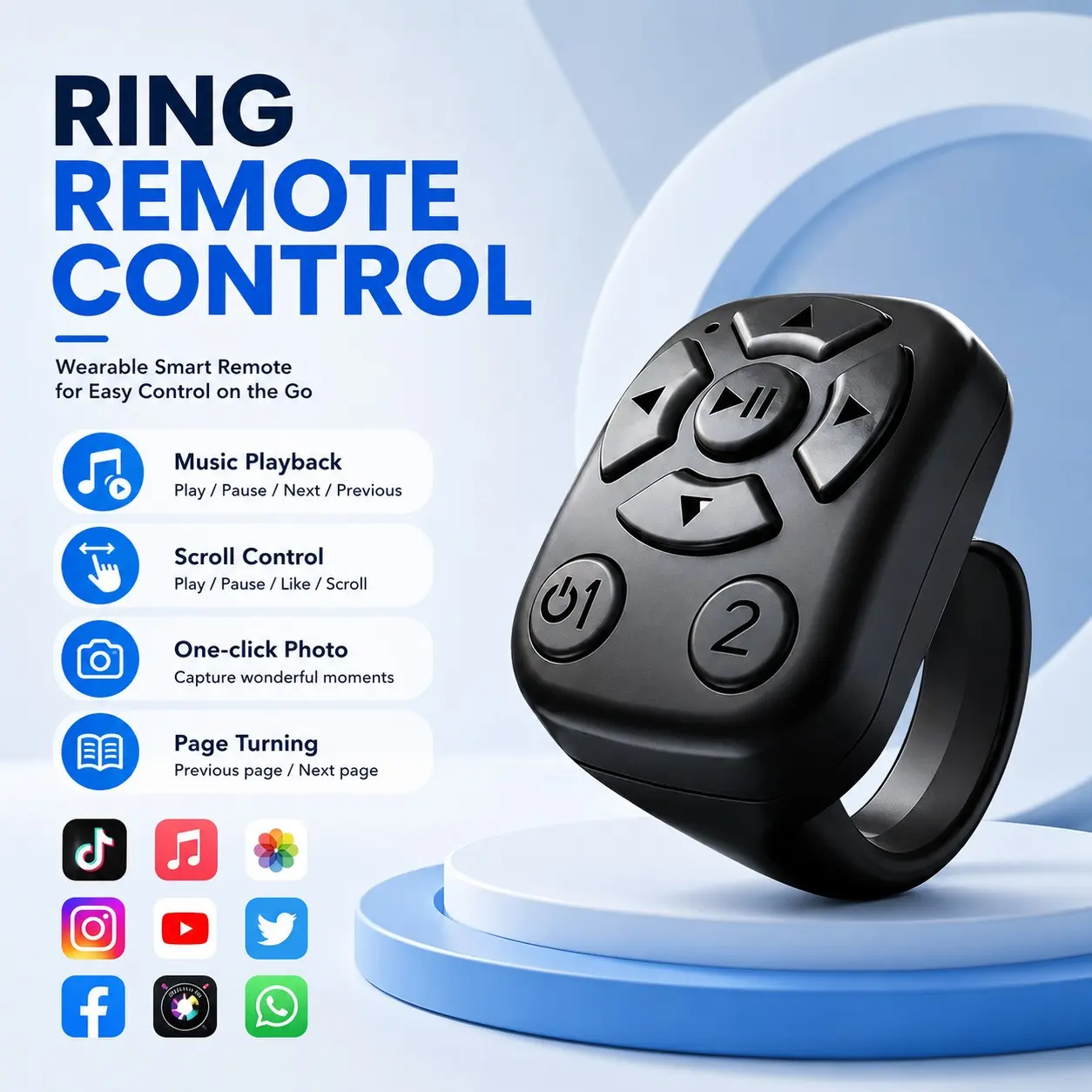 TikTok Scrolling Ring, Wireless Remote Control Page Turner for iPhone Android Smartphone, Phone Video Scroller, Camera Shutter Controller for Selfies, Short Videos, E-Books and Music Control
