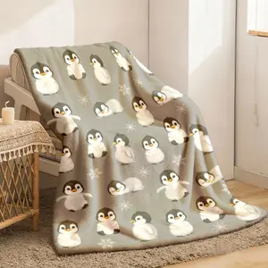 2026 New Arrivals Cozy Gray Flannel Blanket With Adorable Penguin Print Soft, Warm, And Plush Polyester Throw For Bed, Chair, Or Sofa Perfect Gift For Boys And Girls, Allseason Comfort, Penguin Gifts