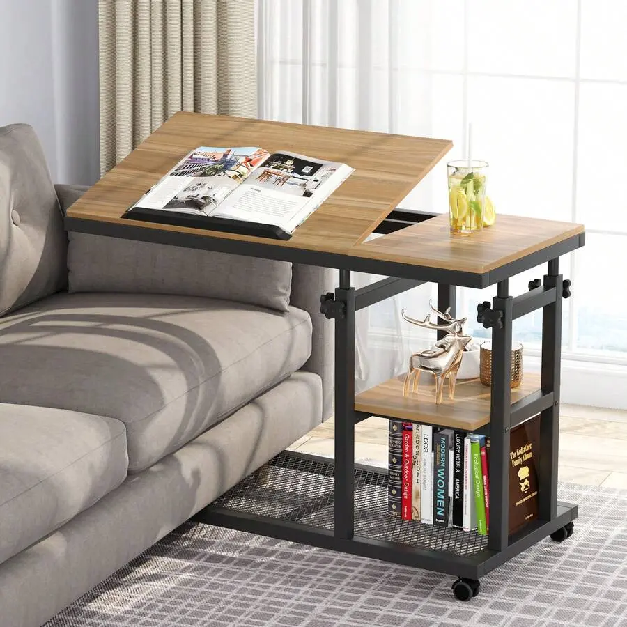Height Adjustable C-Shaped Bedside Table with Wheels, Tiltable Drawing Board, Storage Shelves, Mobile Couch Side TV Tray