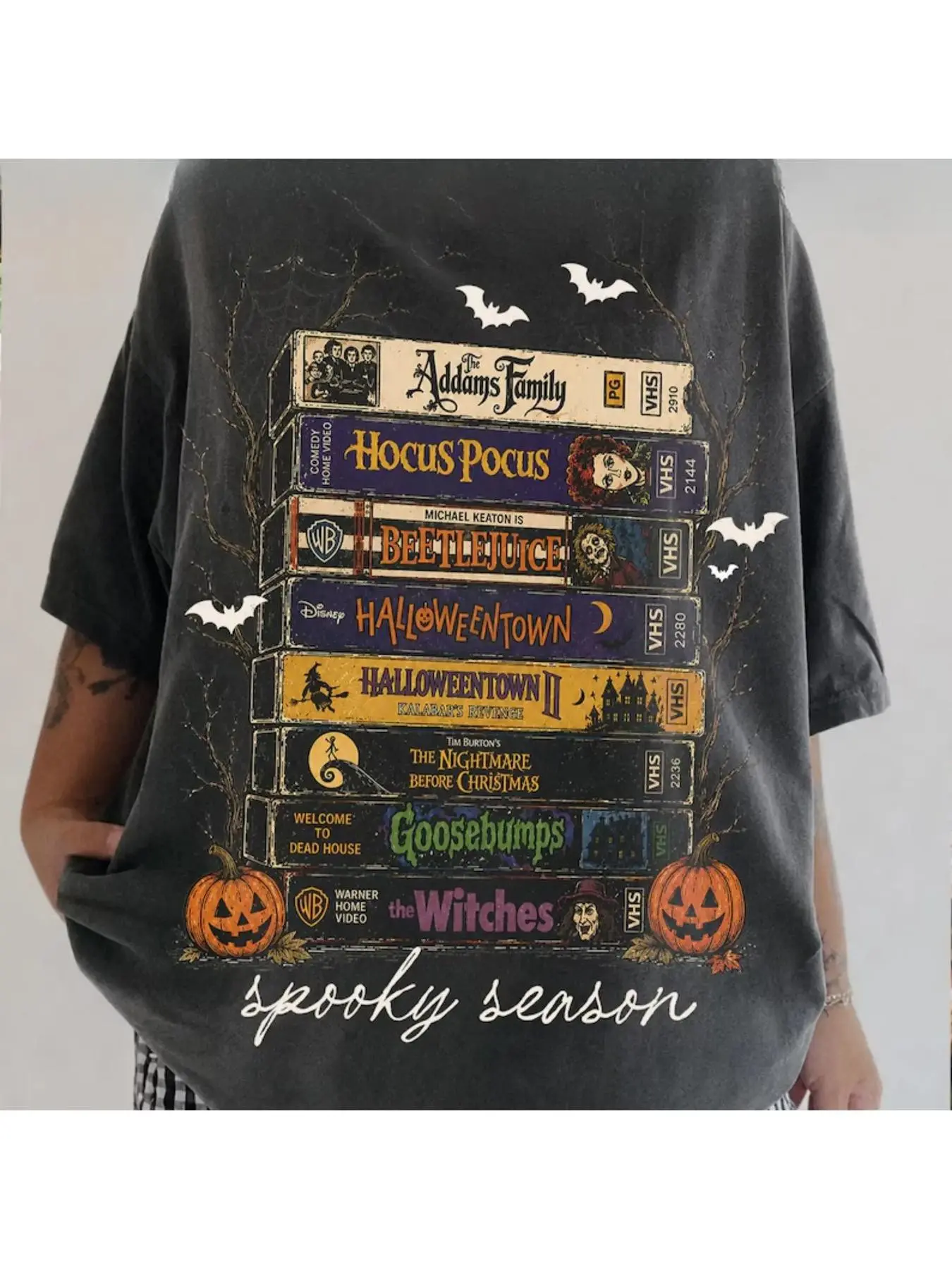 Vintage Halloween Movie VHS Tapes Graphic T-Shirt Vintage Washed Black Oversized Casual Anime Tee, Perfect Gift Cool Shirts,Graphic Washed Oversized Tees for Men & Women,Summer Round Neck Short Sleeve ,Sports Shirt,Workout T-shirt