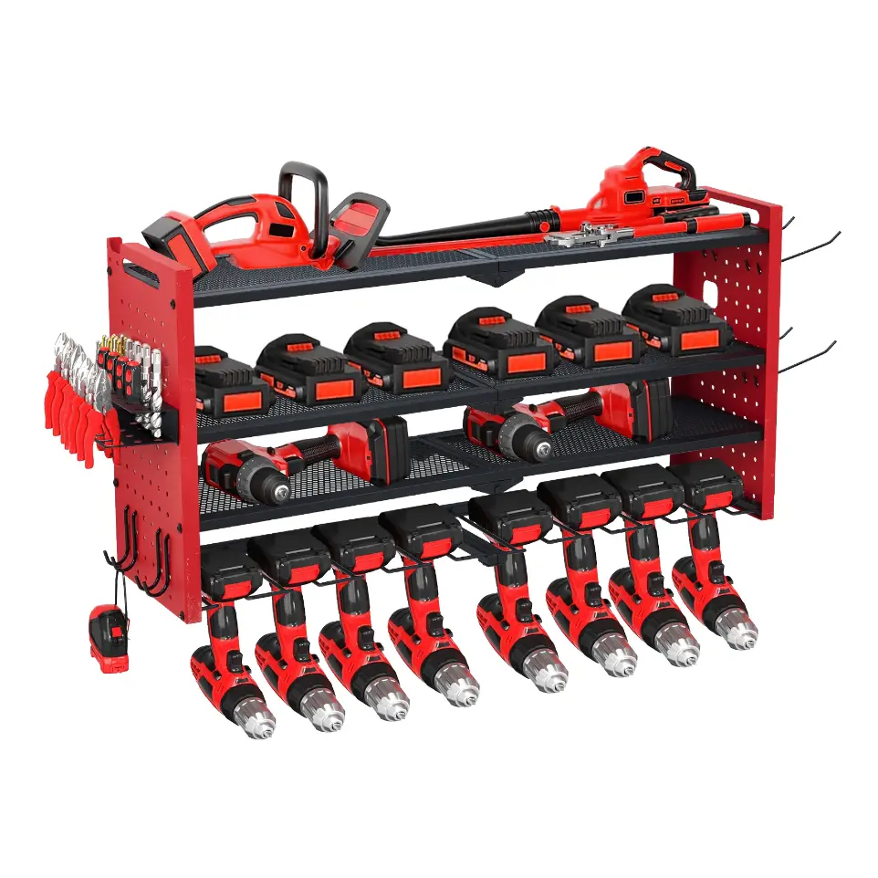 Carbon Steel Heavy Duty Wall Mount Power Tool Organizer with Charging Station, Multi-Tiered 3-Tier Garage Tool Rack, 8 Charging Outlets, 4-Slot Drill Holder, Hooks & Slots, Drill Bit & Battery Storage Shelf, Pegboard Fit Style, Workshop Users