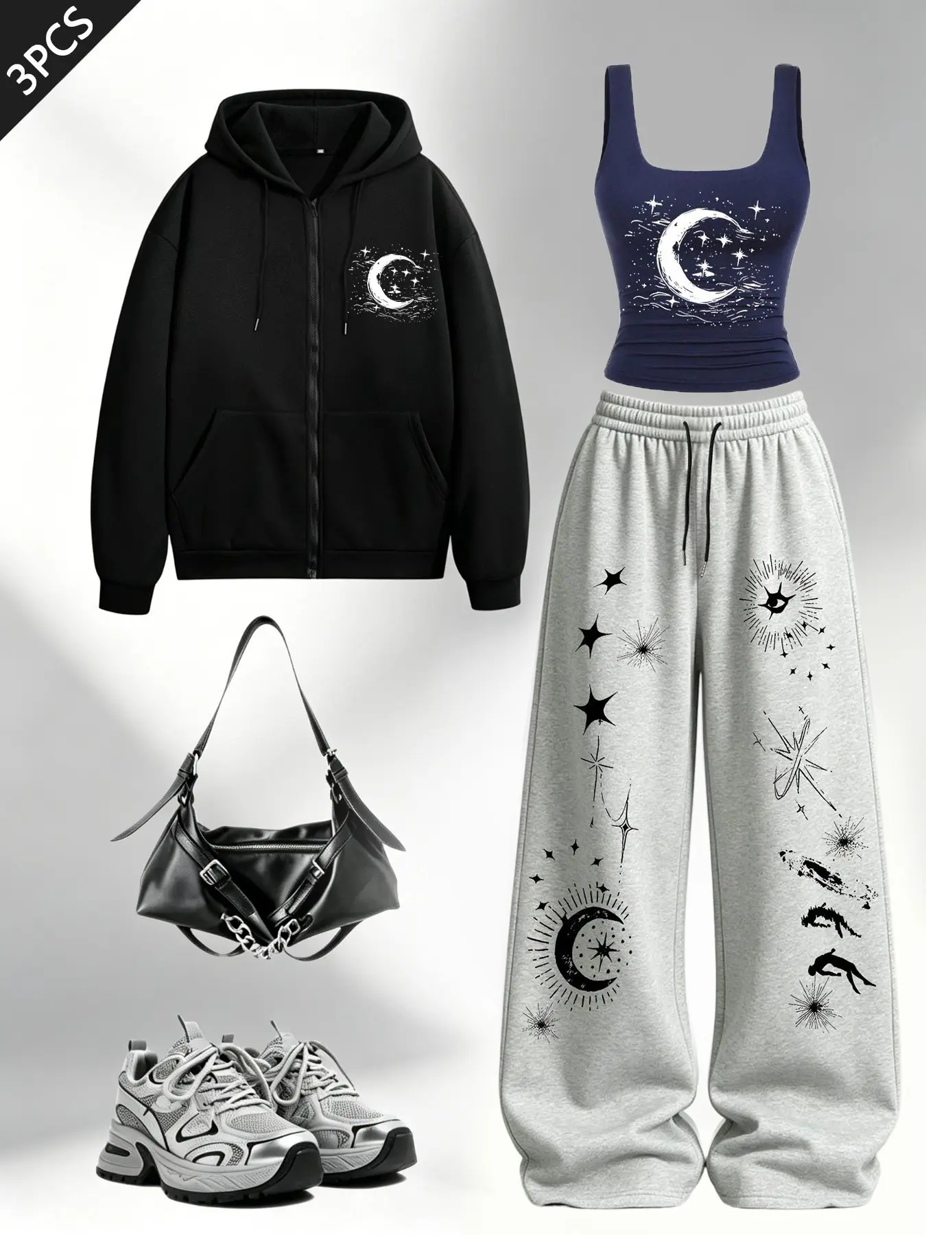 Women's Star Moon Print 3-Piece Set, Hooded Sweatshirt + Tank Top + Wide Leg Pants, Casual Fall Winter, Daily Wear, Street Style, Loose