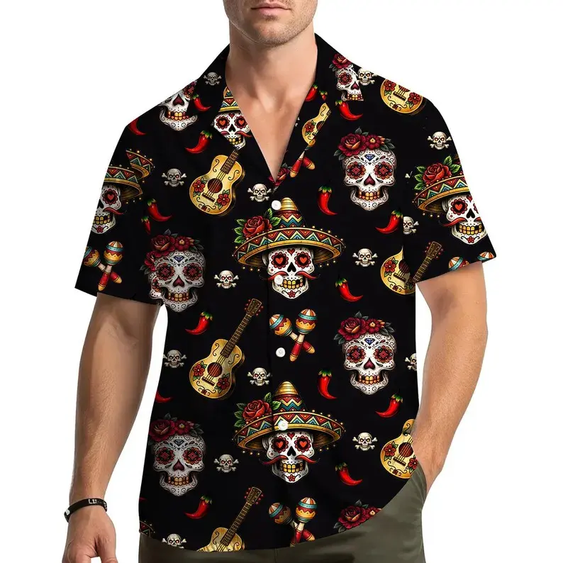 Cinco Mayo Sugar Skull Hawaiian Shirt for Men Women, Mexican Sombrero Aloha Shirt, Day of the Dead Fiesta Party Outfit