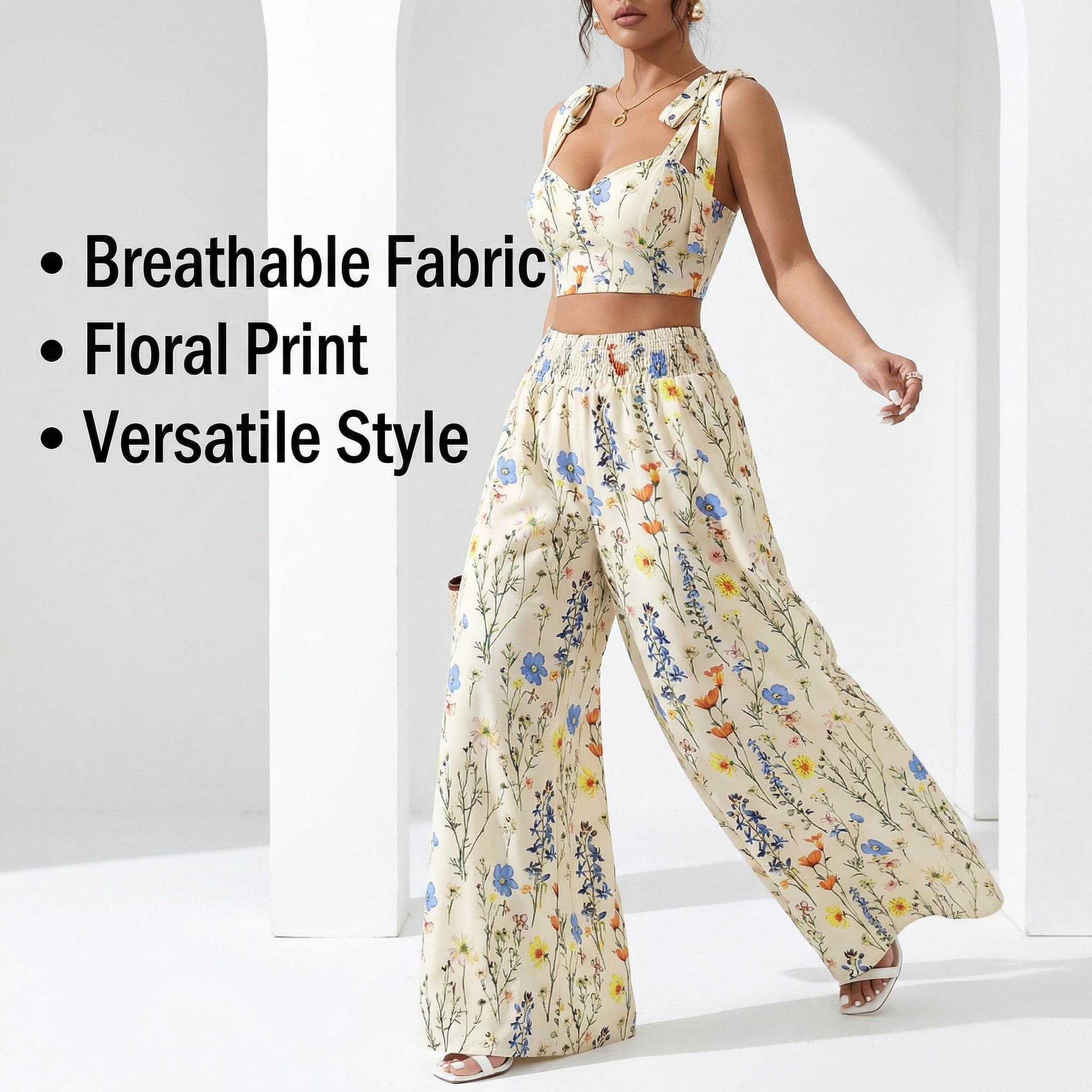Women's French Floral Print Sleeveless Tank Top and Wide-Leg Pants Set — Casual Two-Piece Set — Four-Way Stretch Breathable Fabric — Elegant and Refined
