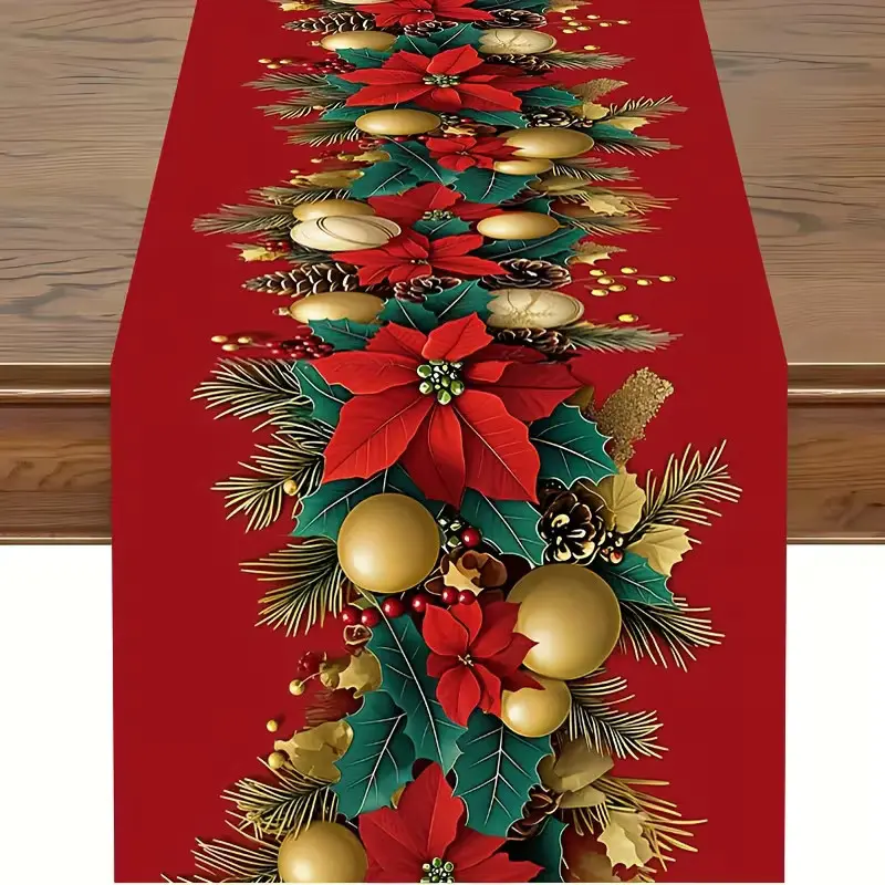 Christmas Tablecloth and, Poinsettias Pinecones, Elegant Holiday Party Family Dinner Kitchen Table Cover, Easy-To-Clean Polyester