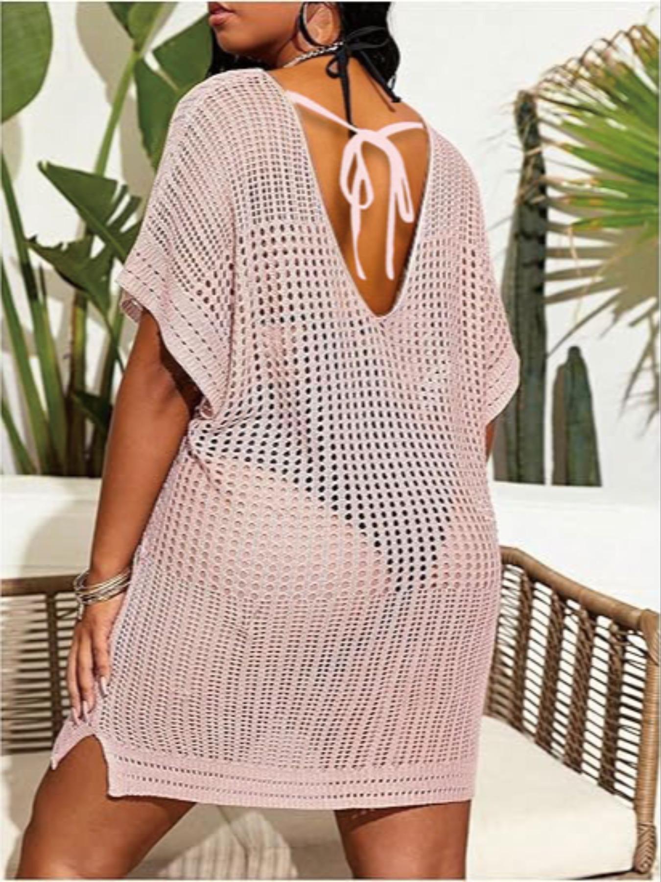 【Plus Size】 Plain Knit Dress, Plus Size Women's Crochet Swimwear Cover Up Dress, Women's Plus Clothing for Beach Holiday Vacation