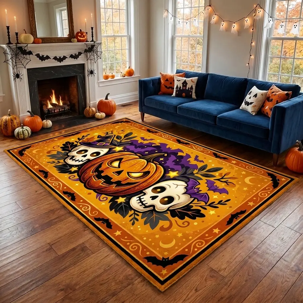 140x200cm Vintage Halloween Area Rug, Jack O' Lantern-Witch-Pumpkin Skulls-Bat Printed, Non-Slip Washable Gothic Theme Carpet for Living Room Indoor Decor
