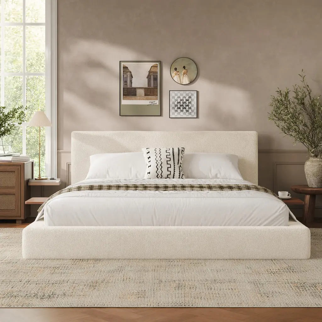 ARCH King Upholstered Bed Frame with Adjustable Sliding Side Table, 8.7'' Cloud Cushion, Sherpa Fabric, Low Profile, No Box Spring Needed, Easy Assembly, Off-White, for Bedroom, Silent Stable Support, King Size Options, Off White Color Options