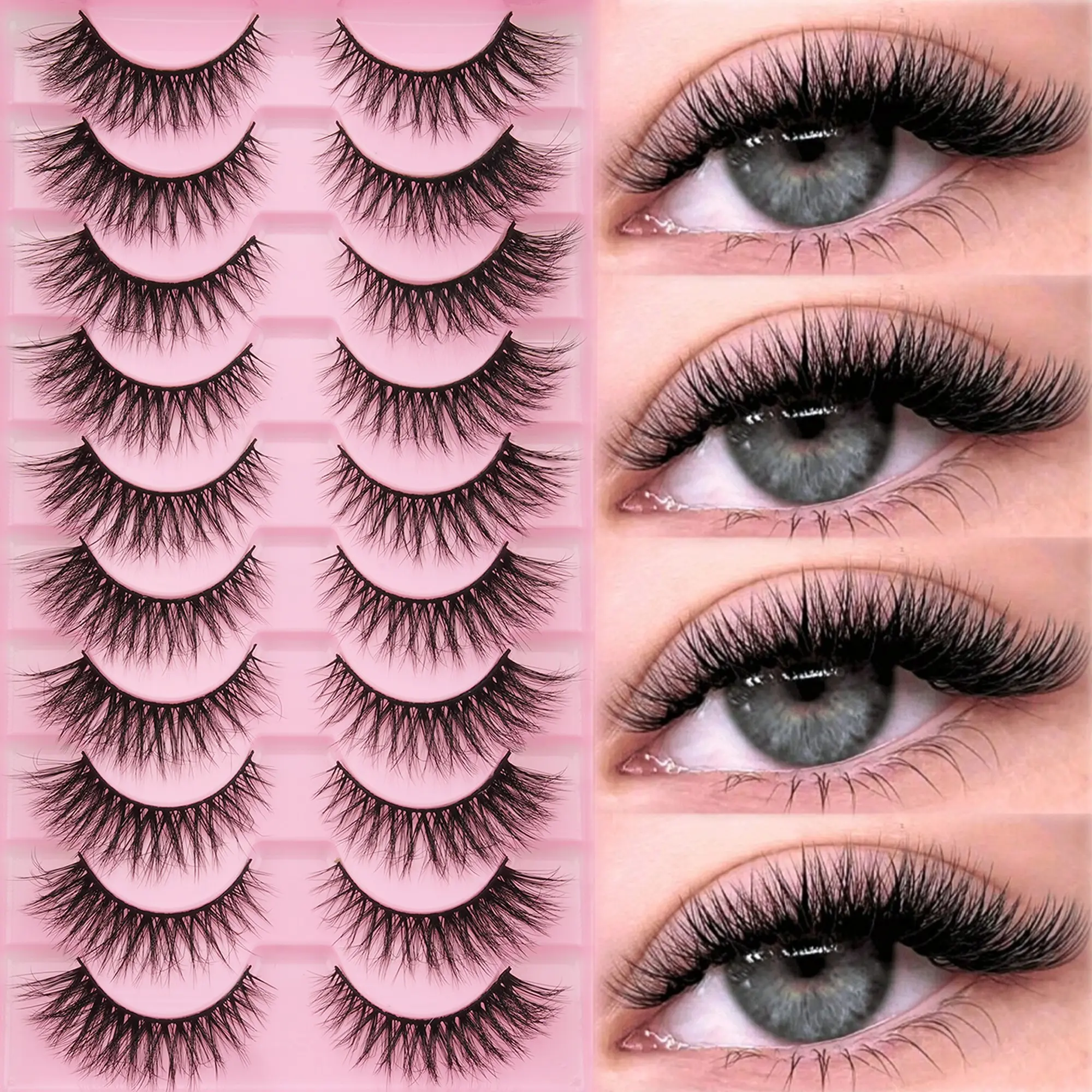 10 Pairs Natural Volume Strip False Lashes, Soft Synthetic Fiber Bases, Reusable, Easy Application, Perfect for Daily Casual Makeup