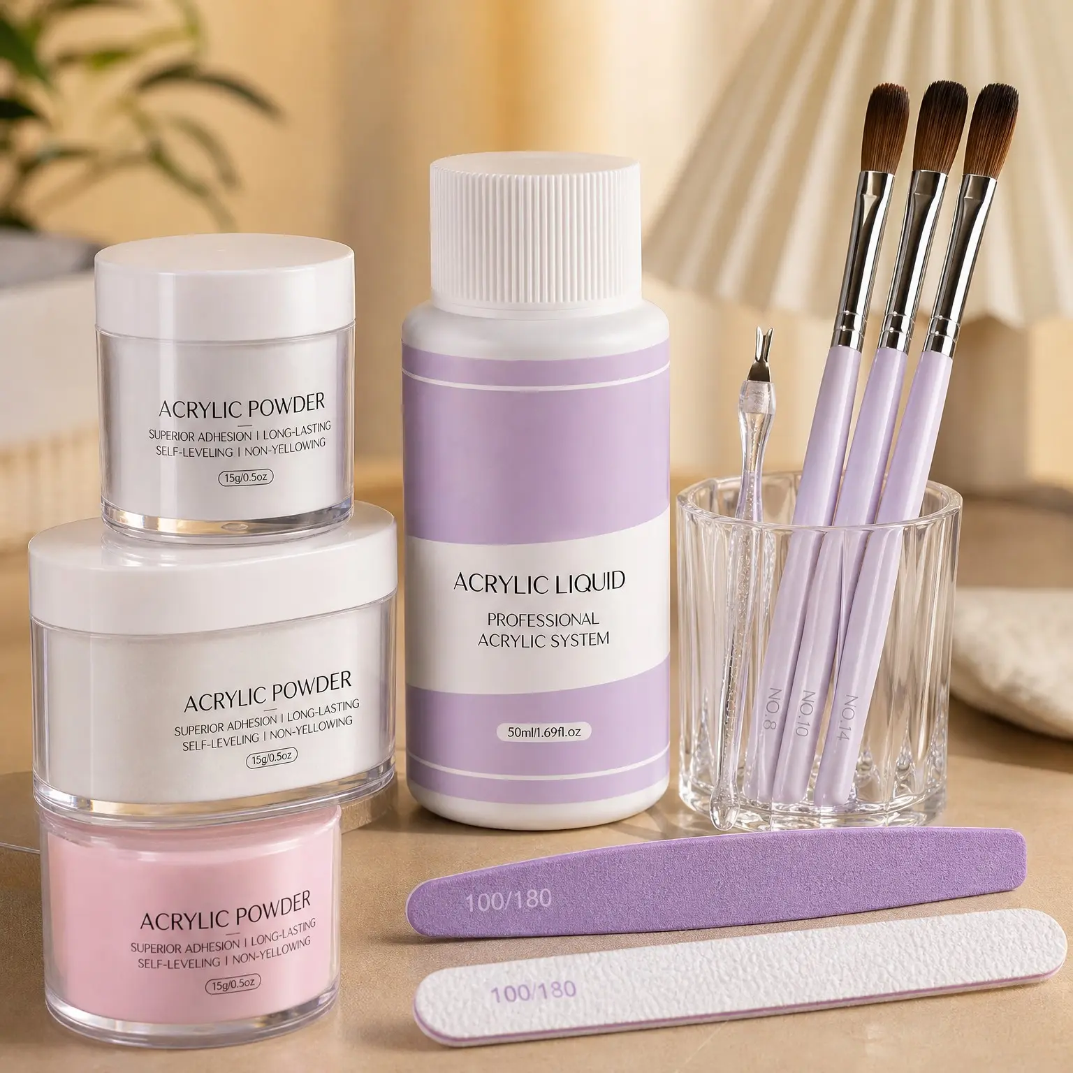 Complete Acrylic Nail Kit for Beginners with Acrylic Powder and Liquid Set, Size 8 10 14 Kolinsky Brushes, Nail Forms & Manicure Tools, White Pink Clear, Starter Gift for Home DIY and Salon UseGift
