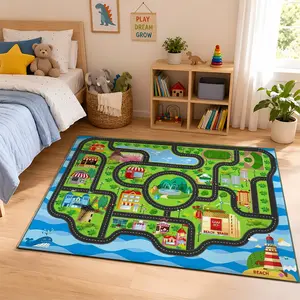 Kids City Road Map Flannel Educational Play Area Rug #KidsRoadMapRug #EducationalPlayMat #CityTrafficCarpet #FlannelHomeDecor