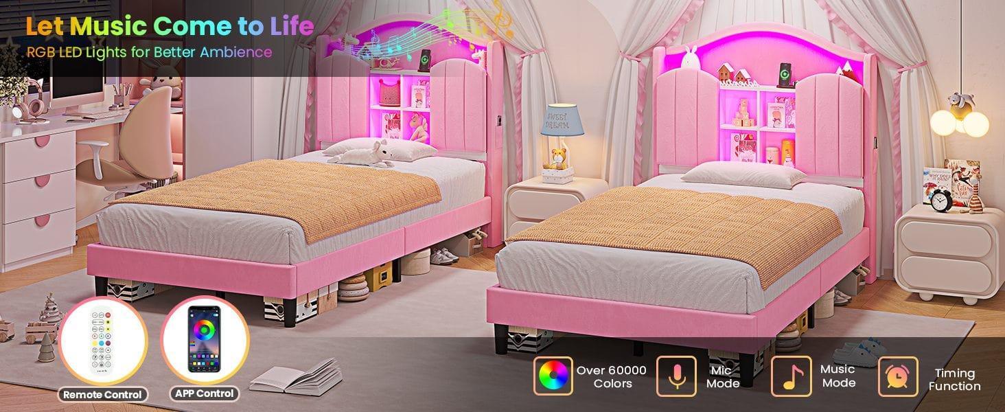 Sikaic Twin Size LED Bed Frame with Charging Station & Storage Headboard Pink Royal Velvet Princess-Inspired Luxury