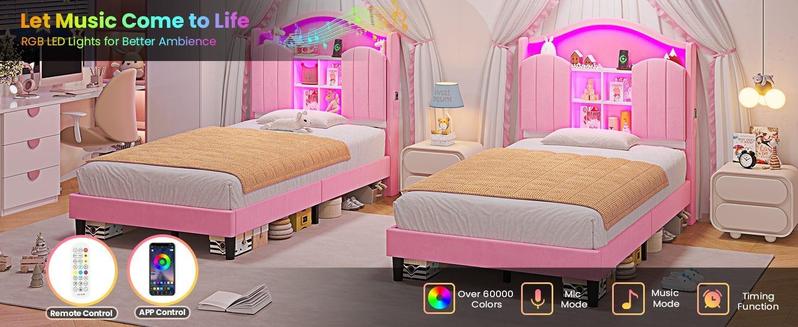 Sikaic Twin Size LED Bed Frame with Charging Station & Storage Headboard Pink Royal Velvet Princess-Inspired Luxury