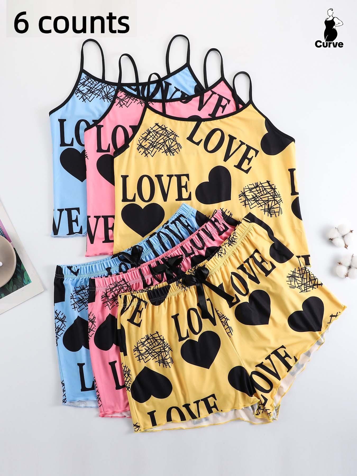 6-Piece Plus Size Heart Letter Print Cami Spaghetti Strap Shorts Pajama Set, Casual Sleeveless Fitted Sleepwear, Elastic Waist Bow Design, All Seasons