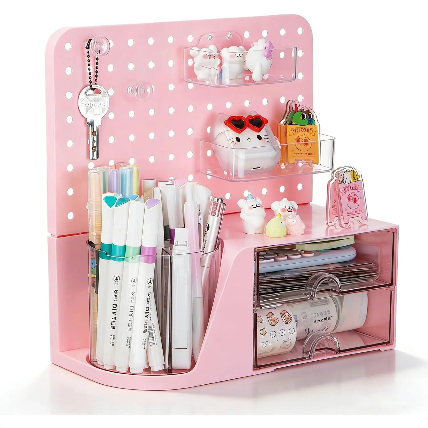 Desk Organizer with 2 Drawer,  360° Rotating Pen Holder for Desk | Desk Organizers and Accessories with 5 Slots Pencil Holder+Pegboard+Drawer, Pen Organizer for  School Art Office Supplies