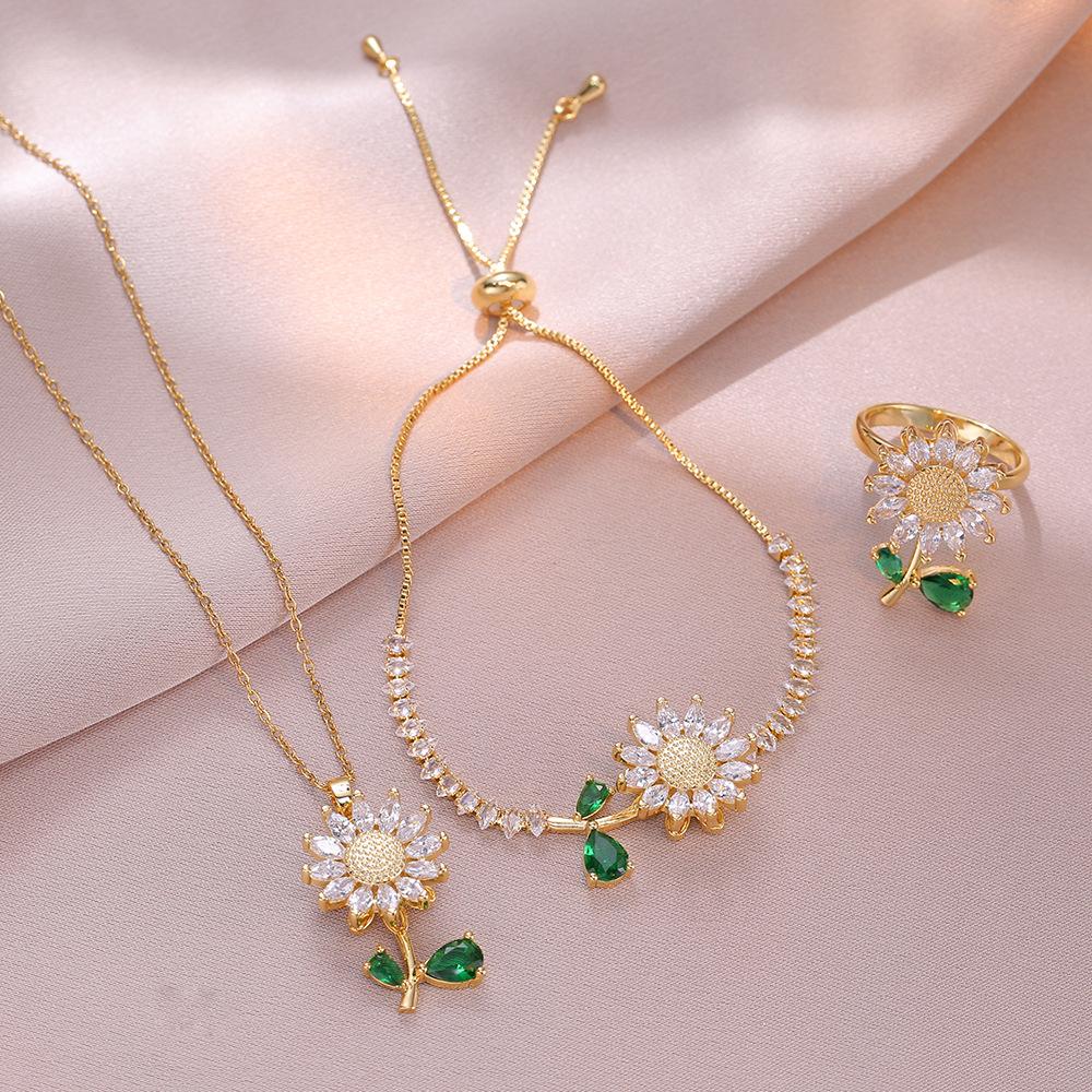 3PCS Jewelry Set, Green Leaf, Rotating Sunflower Zircon Necklace Ring Bracelet Fashion Suit Clavicle Chain
