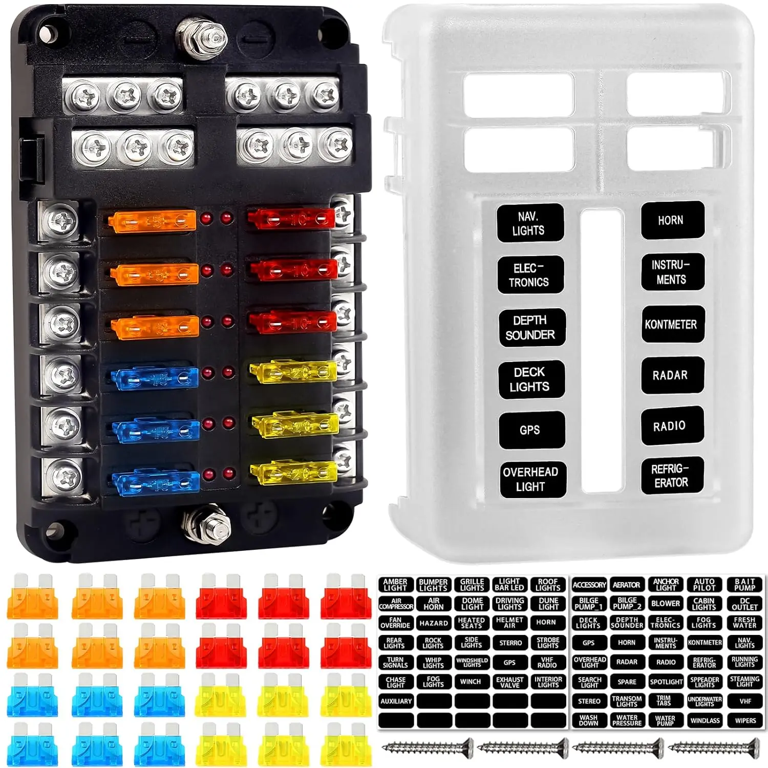 GJANSH Fuse Block, 12v Fuse Box Holder with Led Indicator Waterproof Cover, GJANSH 12 Circuits Panel with Negative Bus for 12V/24V Automotive Car Truck Boat Marine Rv Trailer, 24 Pcs Blade Inserts