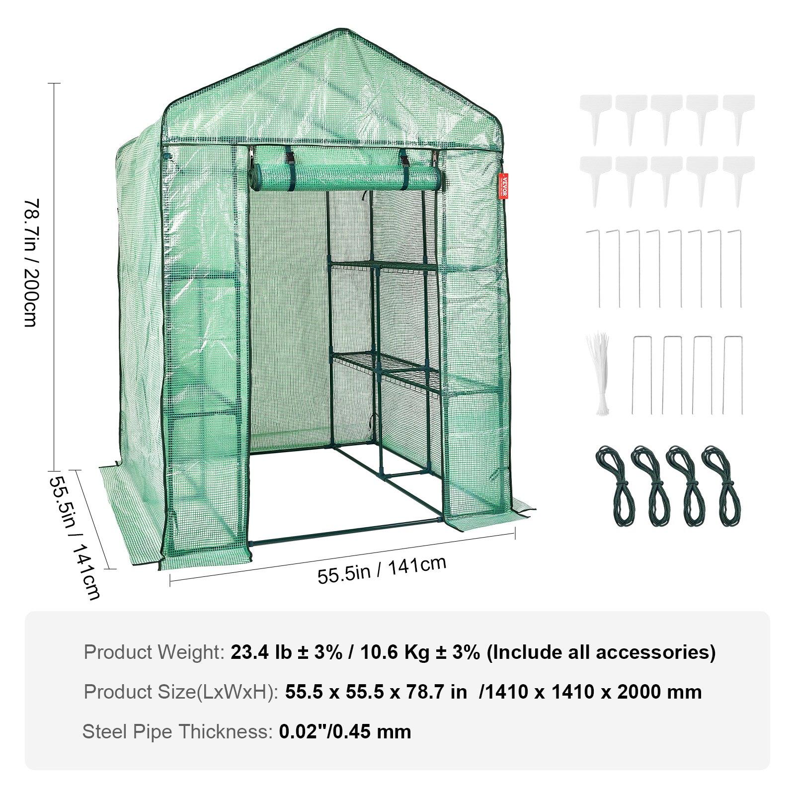 VEVOR Walk-in Green House, 4.6 x 4.6 x 6.6 ft , Greenhouse with Shelves, High Strength PE Cover with Zipper Door and Steel Frame, Assembly in Minutes, Suitable for Planting and Storage