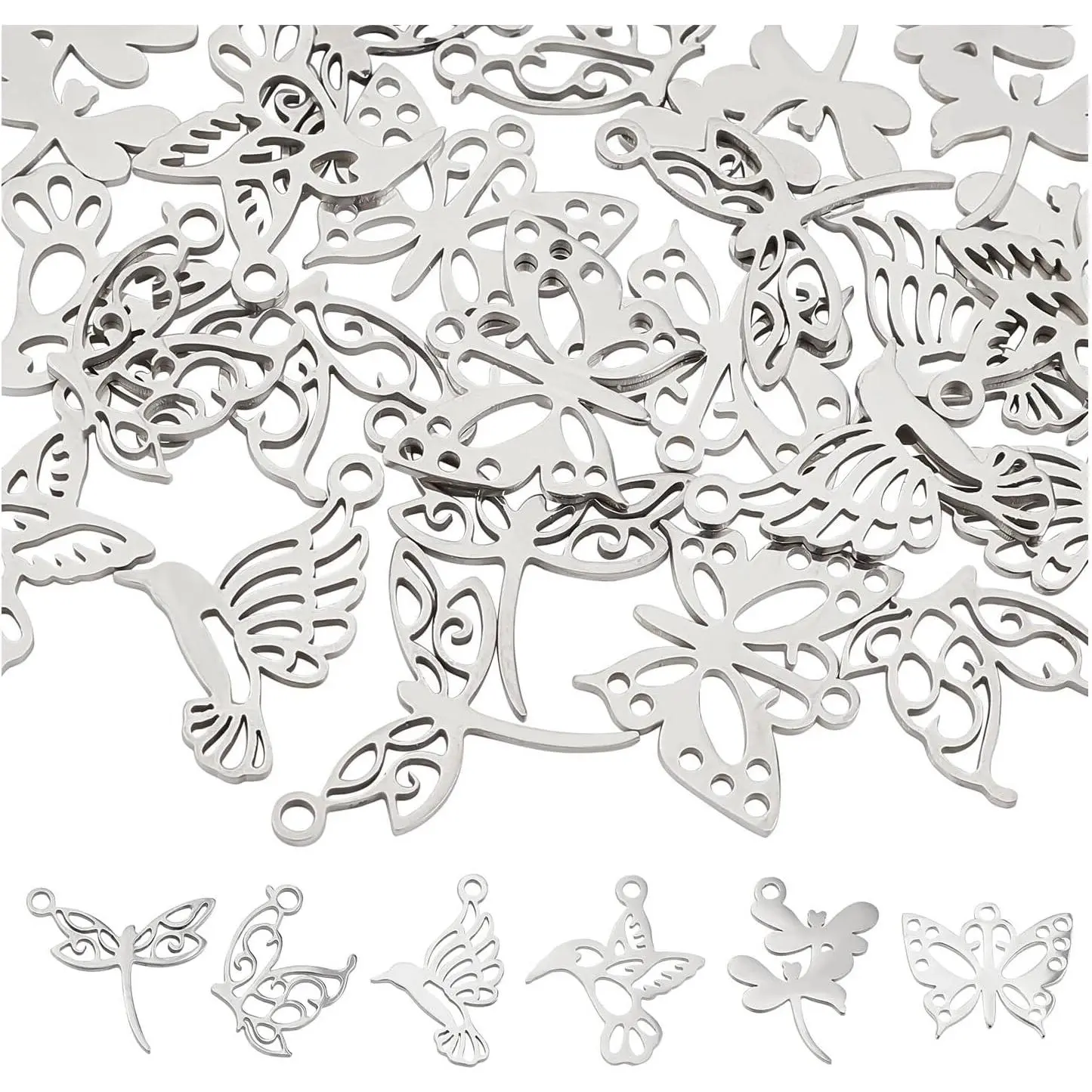 6 Styles Dragonfly Charms Bulk Stainless Steel Flying Insect Charms Butterfly Pendants Bird Pendants Hummingbird Pendant Small Animal Charm for Jewelry Making, Hole: 1.4-1.5mm