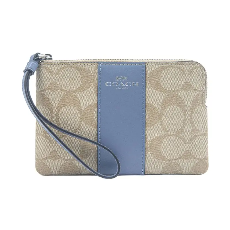 COACH Corner Zip Wristlet PVC Coin Purse for Women in Khaki and Blue