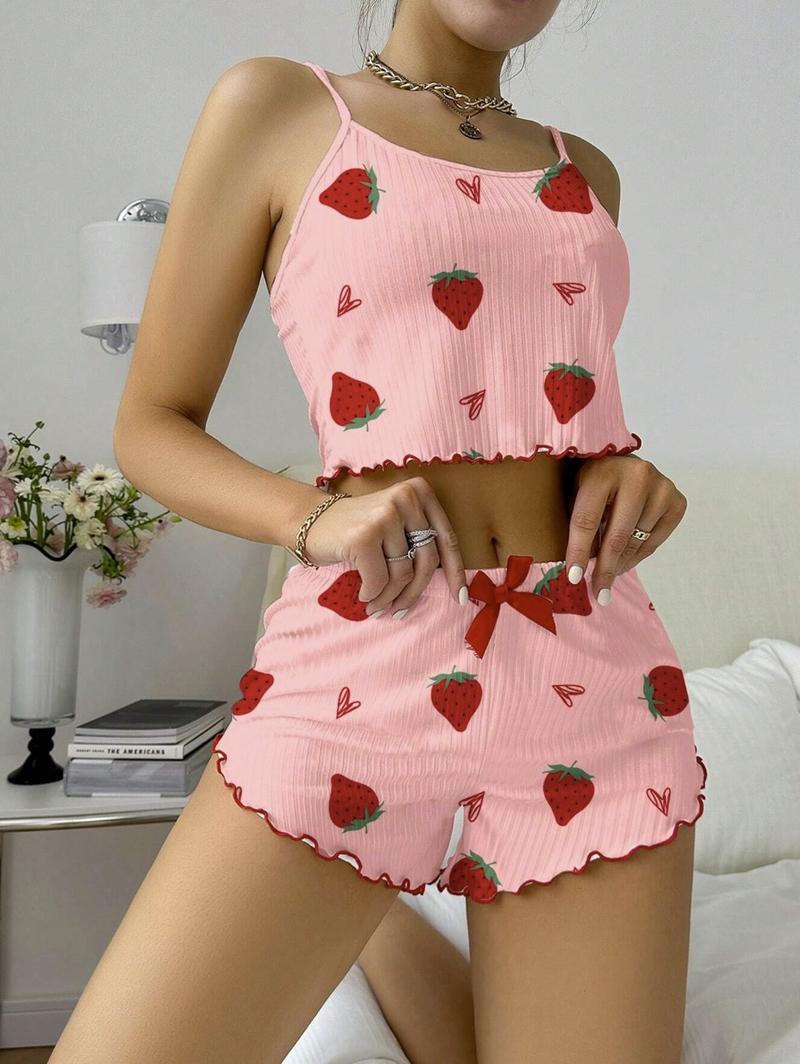 Casual pajama set, cherry and heart print, spaghetti straps, ruffled hem, short set, polyester 95% spandex 5%, 180g/m², perfect for Valentine's Day gift, suitable for all seasons Fabric Loungewear Nightwear Womenswear Pyjamas Pjs