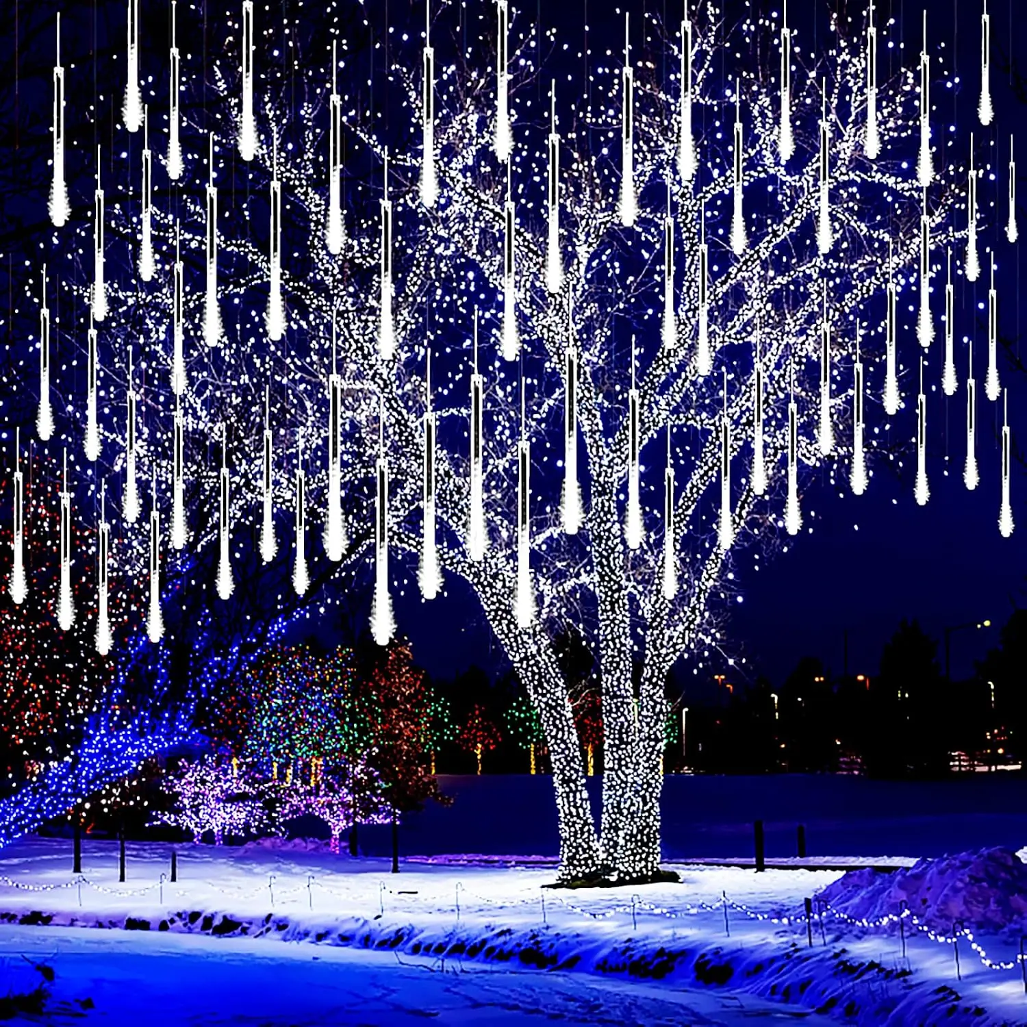Christmas Lights Outdoor, 8 Tubes Meteor Shower Lights LED Snow Falling Icicle Cascading Light for Xmas Tree Wedding Decoration Party, UL Plug, White