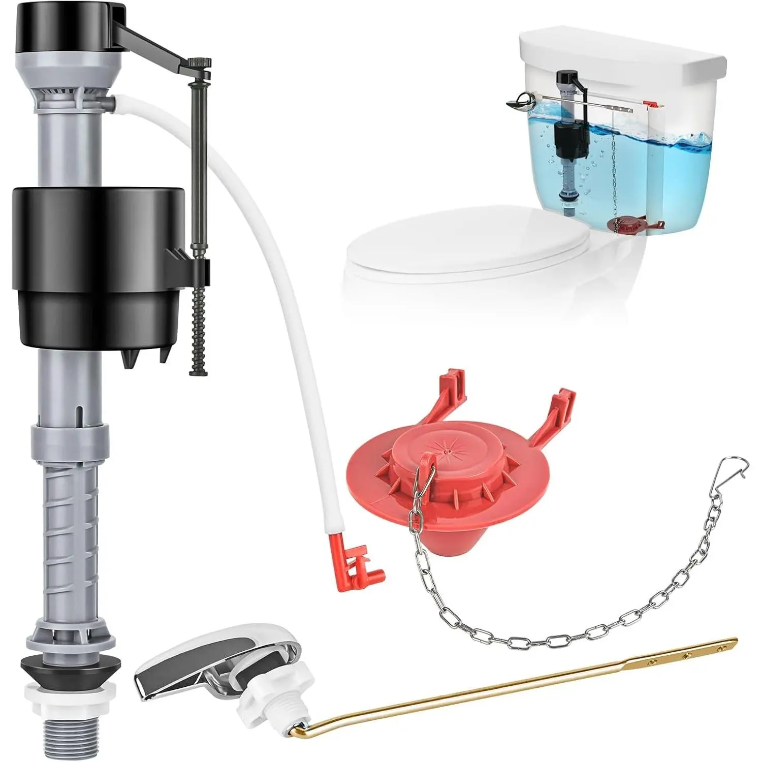 Universal Toilet Flusher Replacement Kit, Fill Valve, 2-Inch Flapper, Toilet Handle Lever, Adjustable, Quiet, Easy to Install, Complete Toilet Parts Inside Tank Kit (Red, 1-Pack)