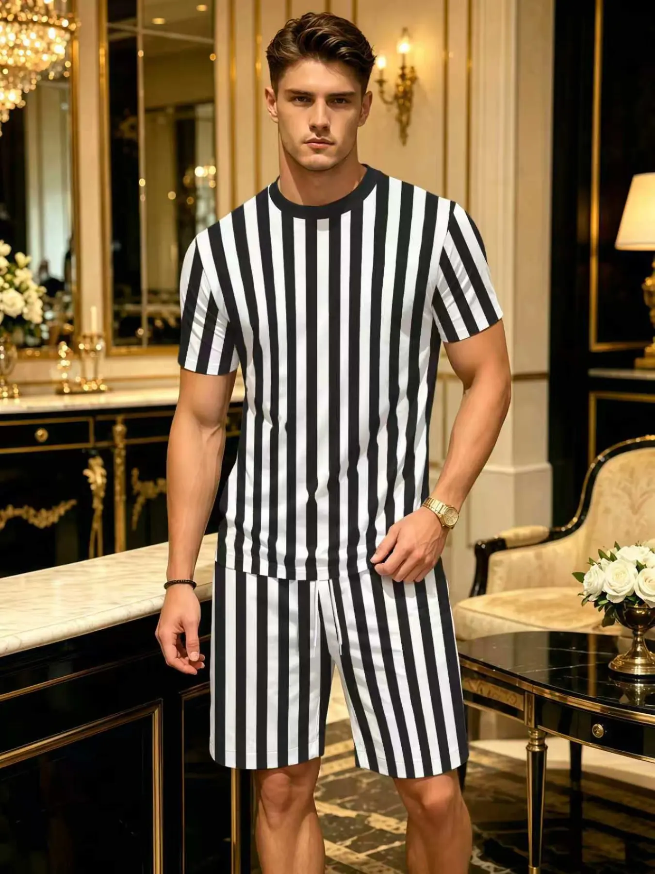 Men's High Contrast Vertical Stripes Full Print 3D Digital Print Set, Casual Short Sleeve Top and Shorts, Fitted Polyester