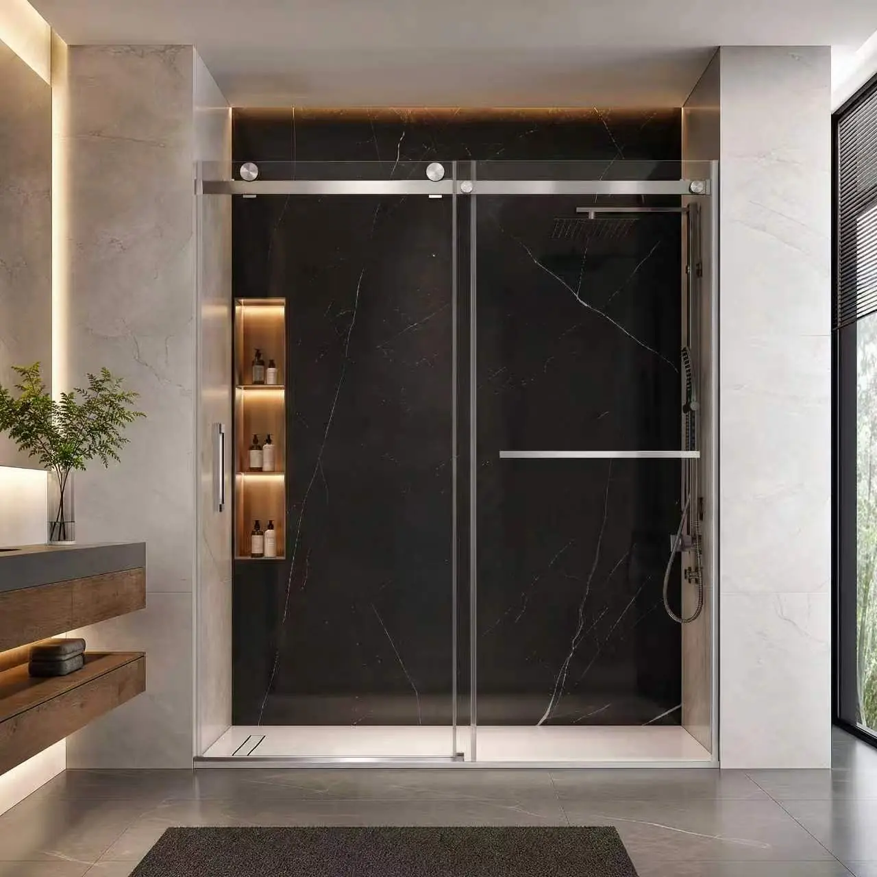 56-60"Wx72"H Frameless Sliding Shower Door, 5/16"(8mm) Tempered Glass, Brushed Nickel, Soft-Close