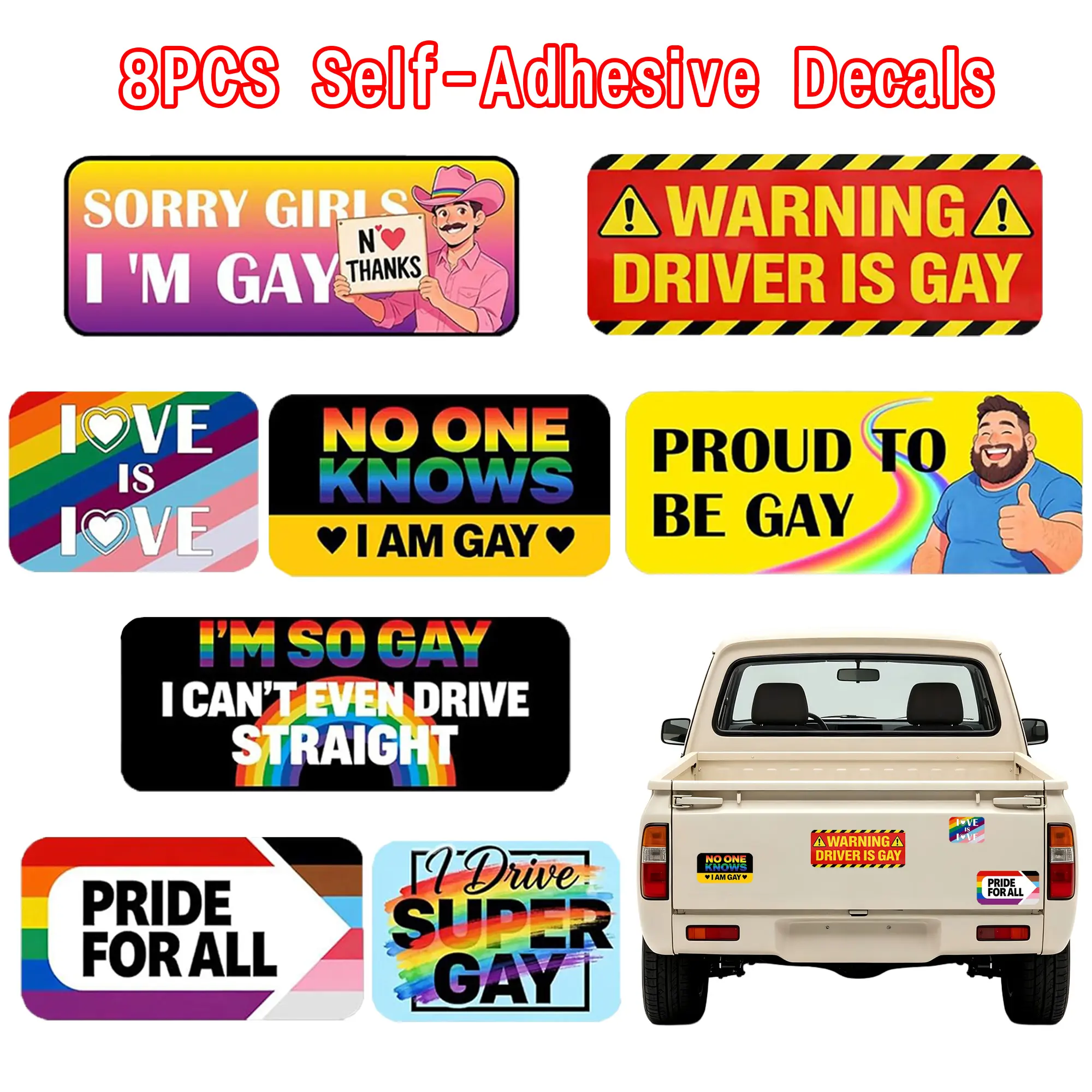 8PCS Gay Car Stickers, Waterproof Self-adhesive Funny Bumper Stickers, Car Decals, Decorations for Vehicle Truck Fridge, Bright Colors, Classic Rainbow Design, Not A Magnet