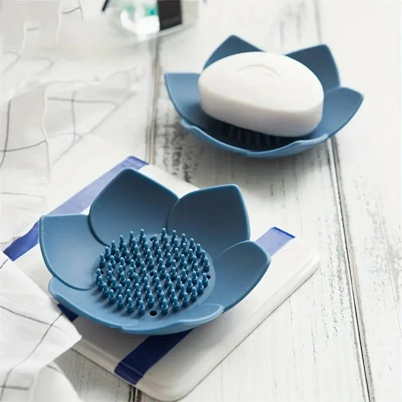 Lotus Shaped Silicone Soap Dish with Massage Bumps, Hollow Drain Design, Multi-Scene Use Bathroom Soap Tray for Quick Water Drying