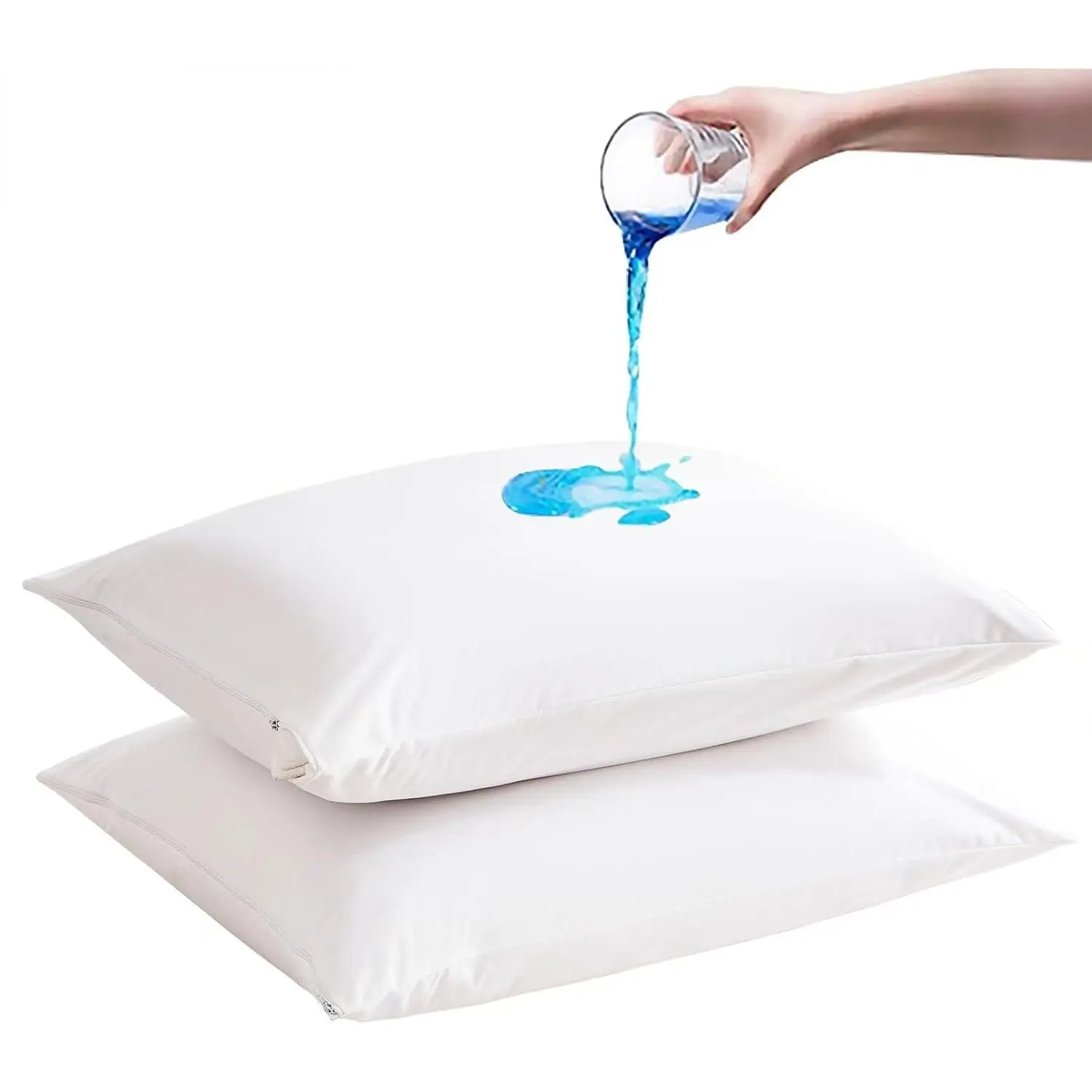 2 Pack Standard Size Zippered Waterproof Pillow Protectors - Anti-Allergic, Smooth, Downproof, Featherproof Pillow Encasement Covers, Machine Washable for Beds