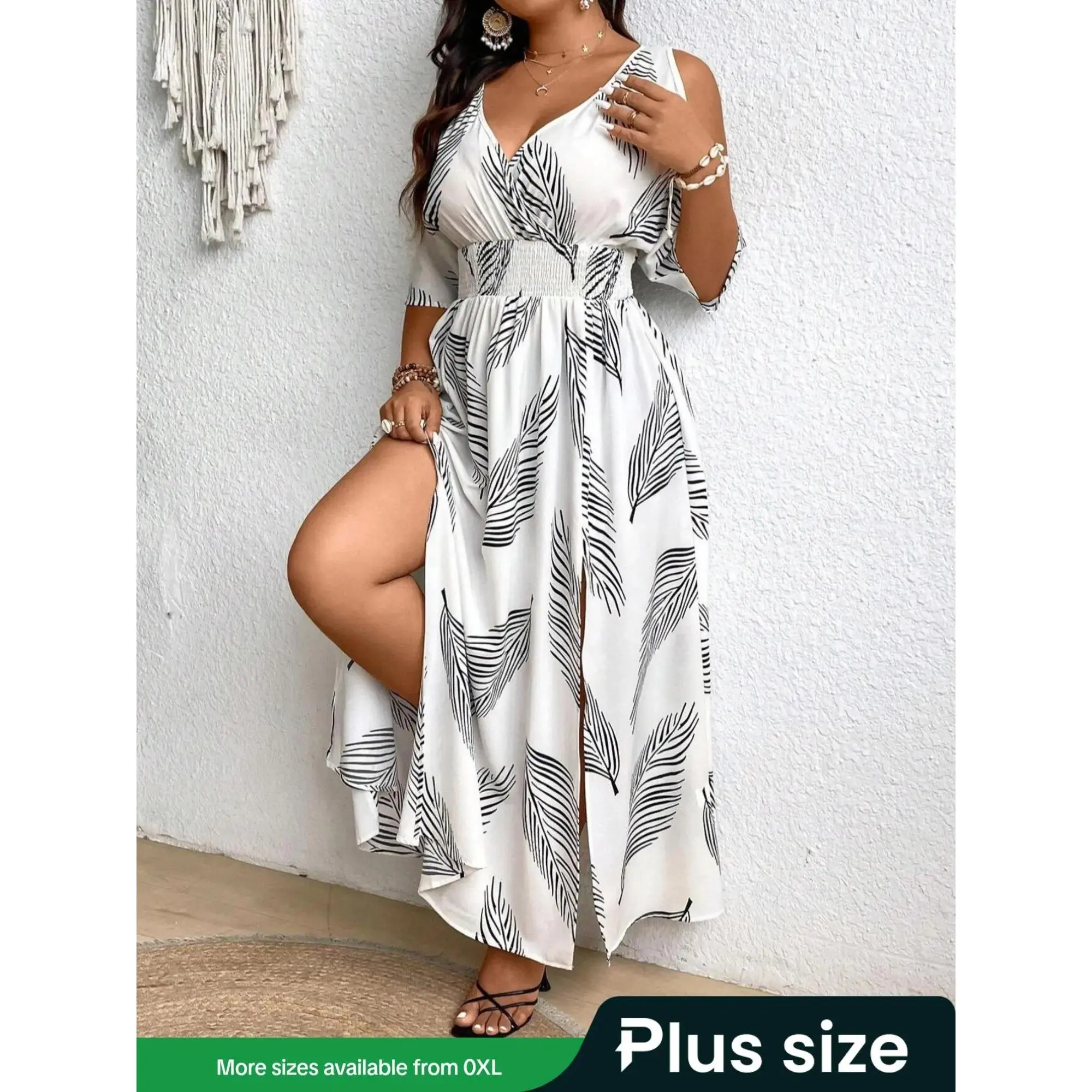 [Plus Size]All Over Print Split Hem Dress, Casual Cold Shoulder Dress for Summer, Women's Clothes for Daily Wear, Women's Dresses, Womenswear, Plus Size Tummy Flattering Dresses, Summer Dresses, Casual Loose Dress