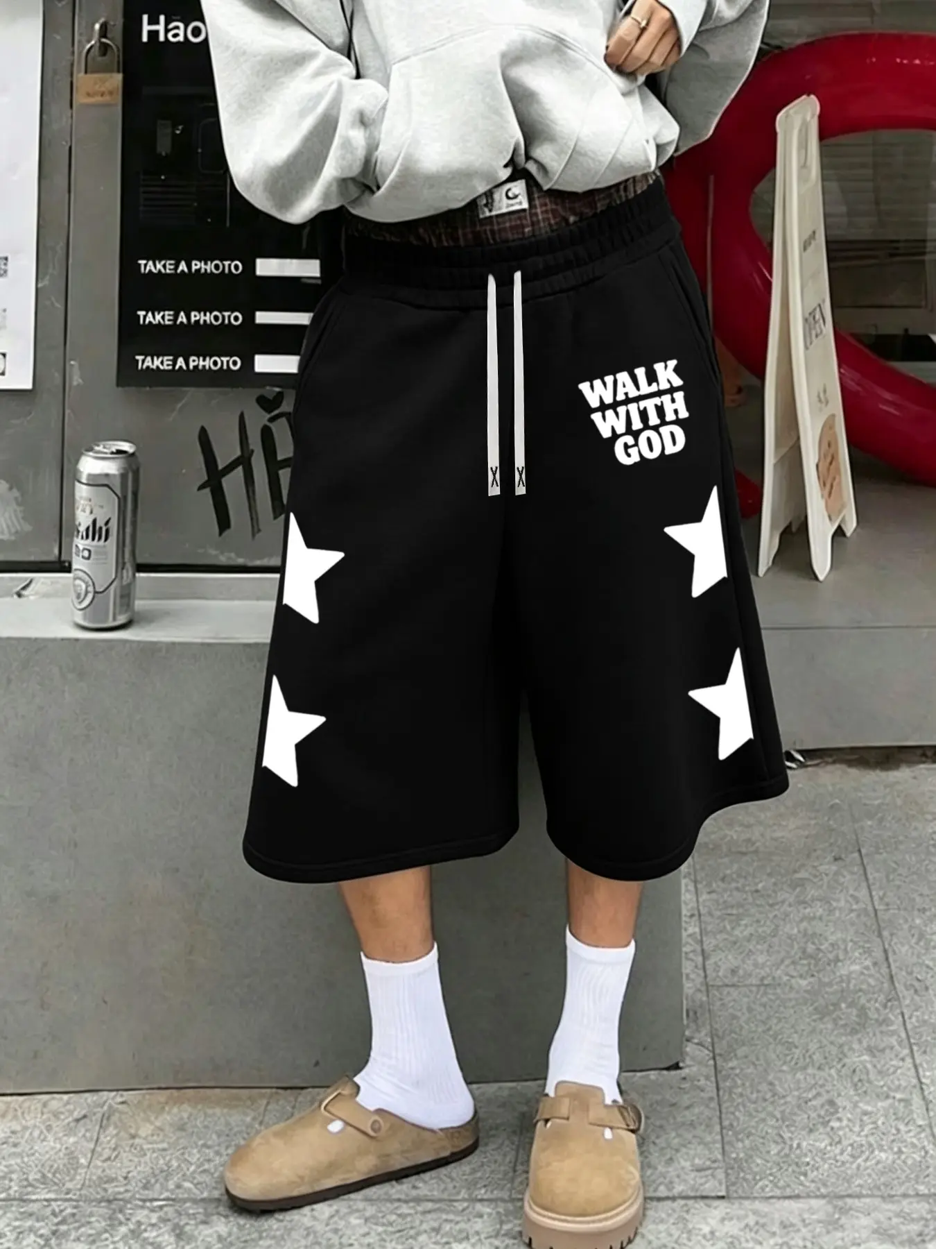 Summer Men's Letter Star Pattern Sporty Seven-Quarter Pants, Casual Elastic Waist Drawstring, Pockets, Gym & Outdoor Activities