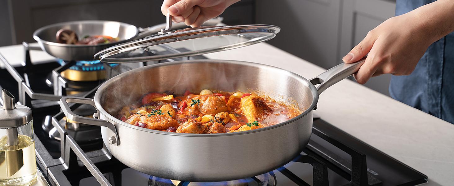 Stainless Steel Cookware Set,Tir-Ply Pots and Pans Set,10 Pcs Stainless Steel Induction Kitchen Cookware Sets,PFOA Free, Frying Pans,Saucepans,Saute Pan & Stock Tagine Pot,Compatible with All Cooktops