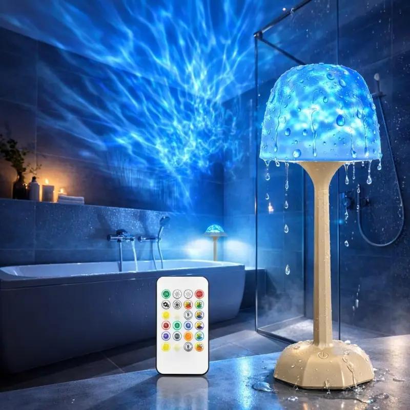 Rechargeable Shower Lamp with Ocean Wave Projector, Waterproof Bathroom Night Light, Touch & Remote Control, 16 Ambient Modes