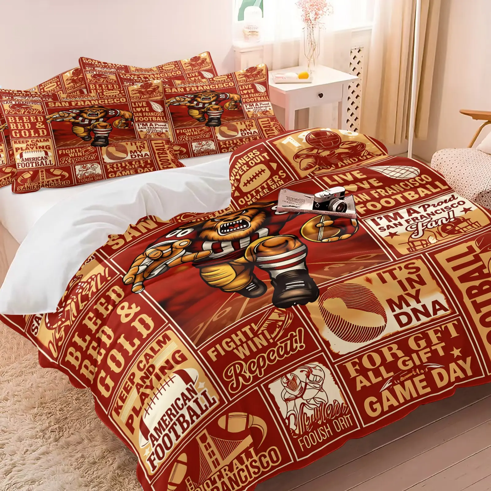 2/3Pcs Ultra Soft San Francisco Football Comforter Set Red Gold Mascot Bear Vintage Game Day Quote Print Bedding Sport Fan Lightweight All Season Bed Set For Football Lovers Bedroom