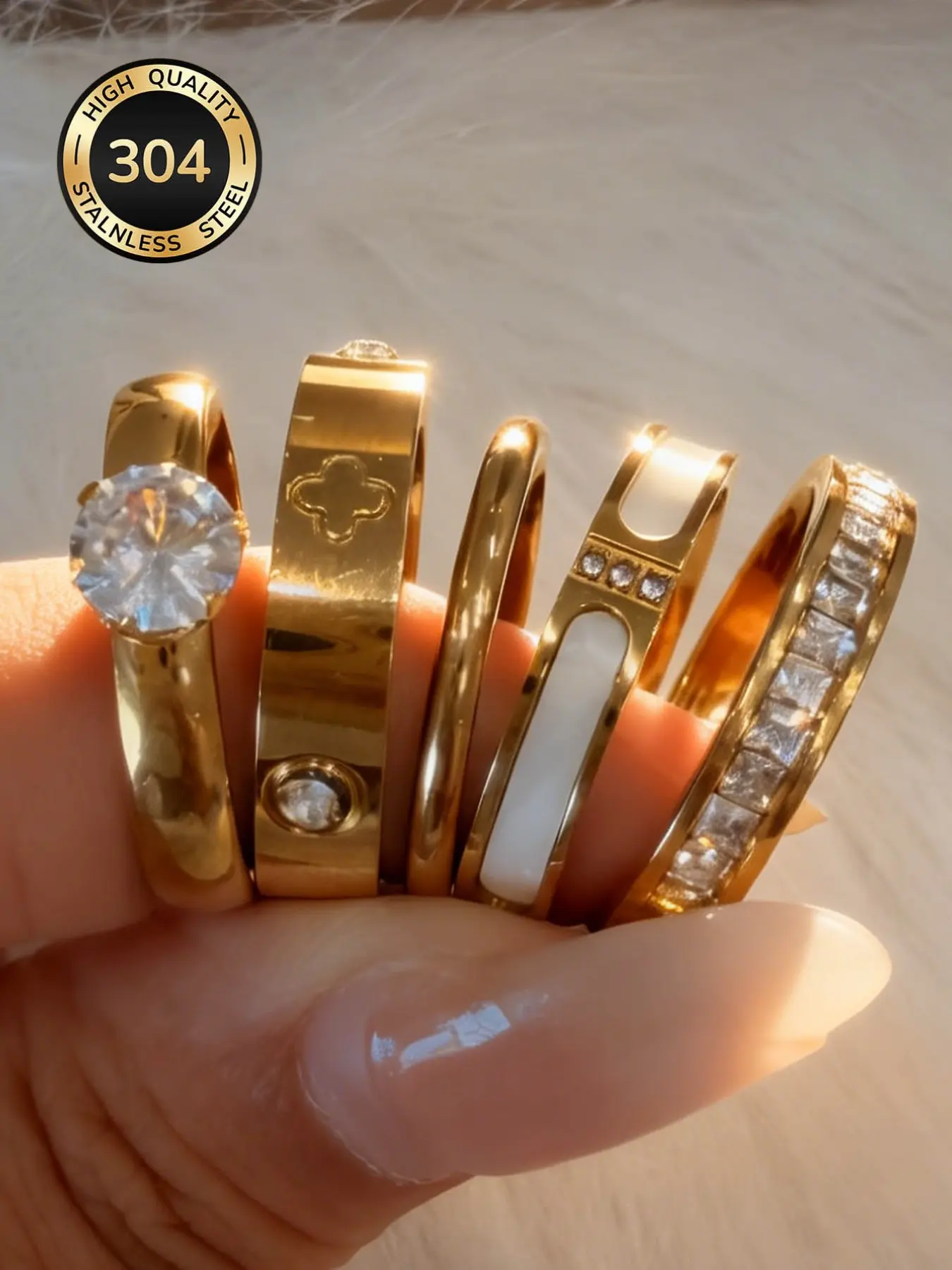 5 Piece Fashion Stainless Steel 18k Gold Plated Waterproof Non-Fading French Minimalist Rhinestone Clover Ring Set Elegant Everyday Ring Stackable Rings