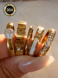 5 Piece Fashion Stainless Steel 18k Gold Plated Waterproof Non-Fading French Minimalist Rhinestone Clover Ring Set