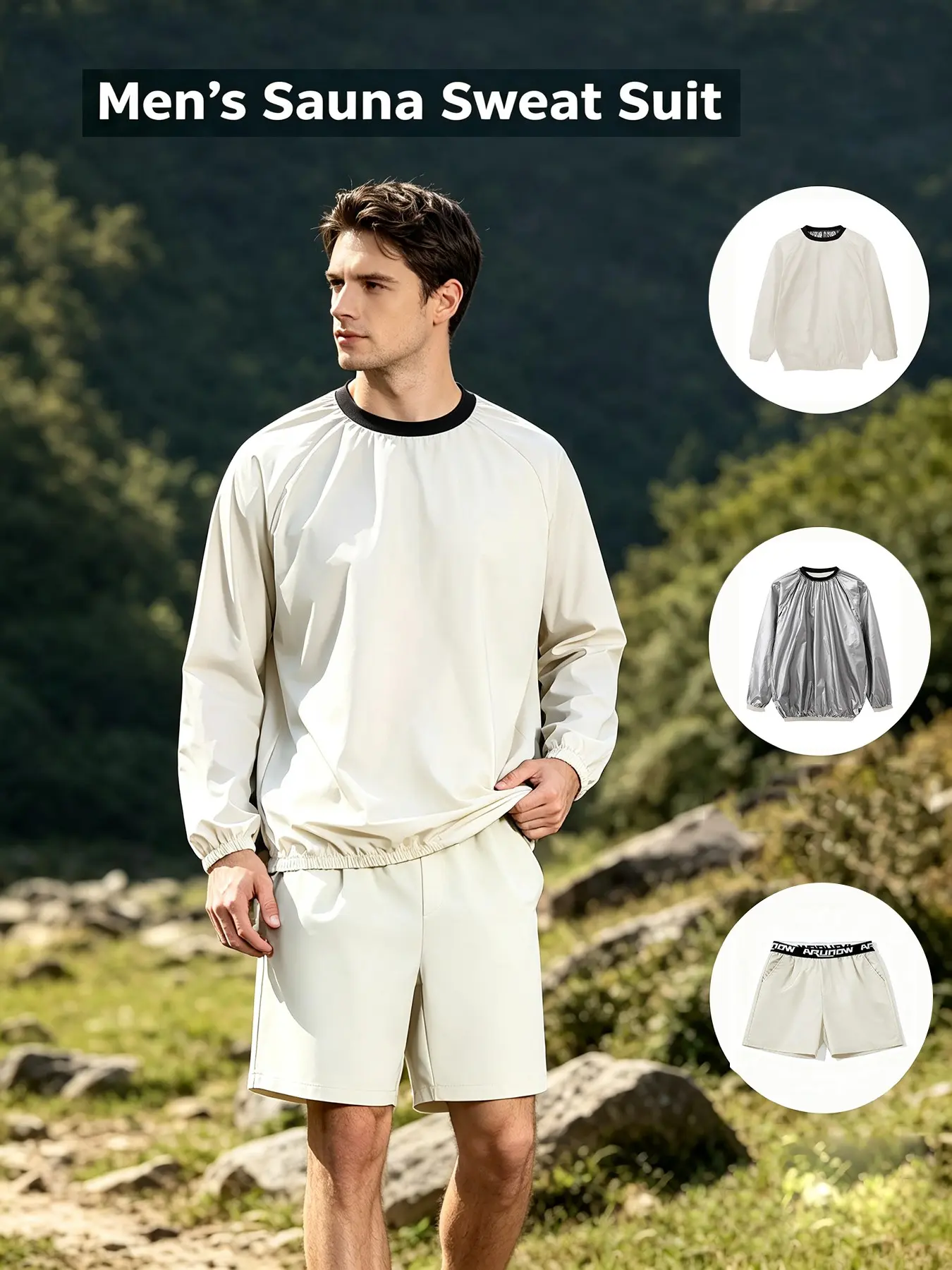Men Sauna Suit Sweat Suits, Durable Gym Exercise Workout Jacket with Sauna Shorts, Sporty Loose-Fitting Top, All Seasons, Workout Set, Fitness Sauna Suit, Sauna Sportswear